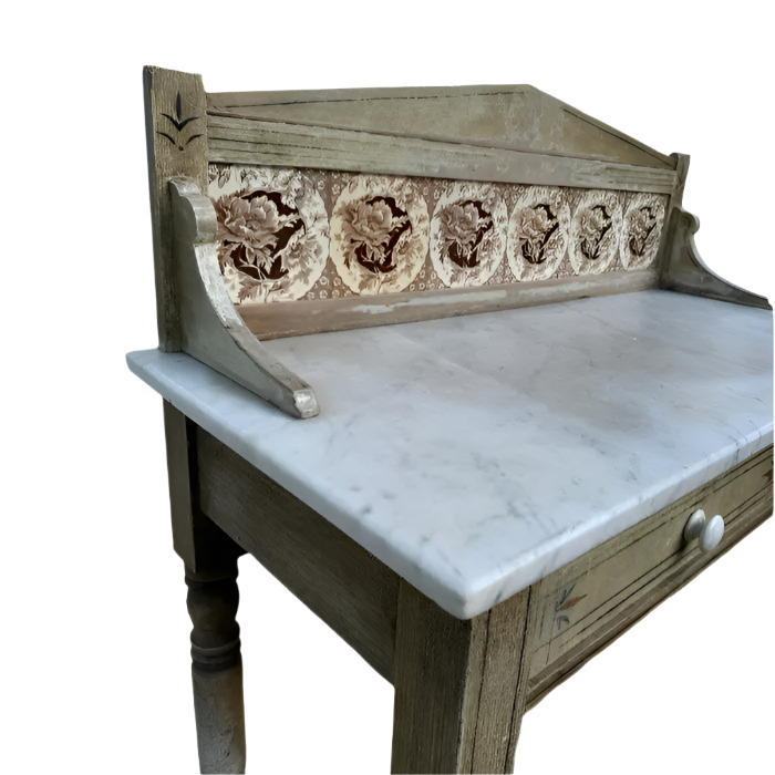 Antique Fruitwood Washstand With Carrara Marble Top and Tile Back