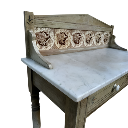 Antique Fruitwood Washstand With Carrara Marble Top and Tile Back