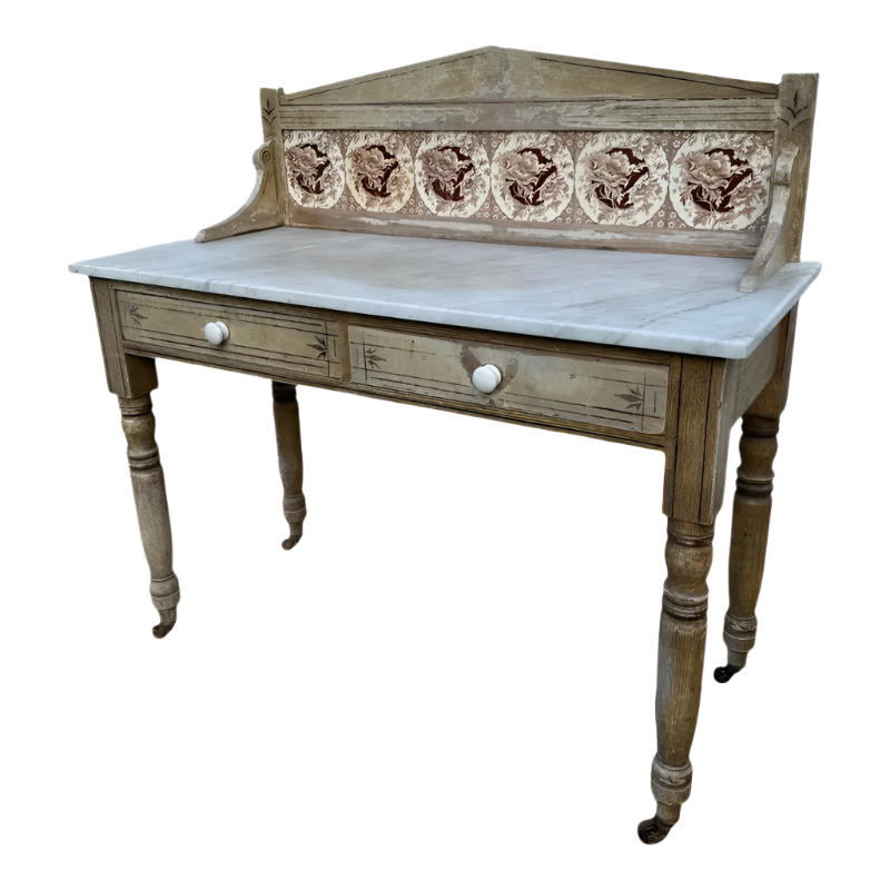 Antique Fruitwood Washstand With Carrara Marble Top and Tile Back