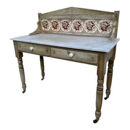 Antique Fruitwood Washstand With Carrara Marble Top and Tile Back