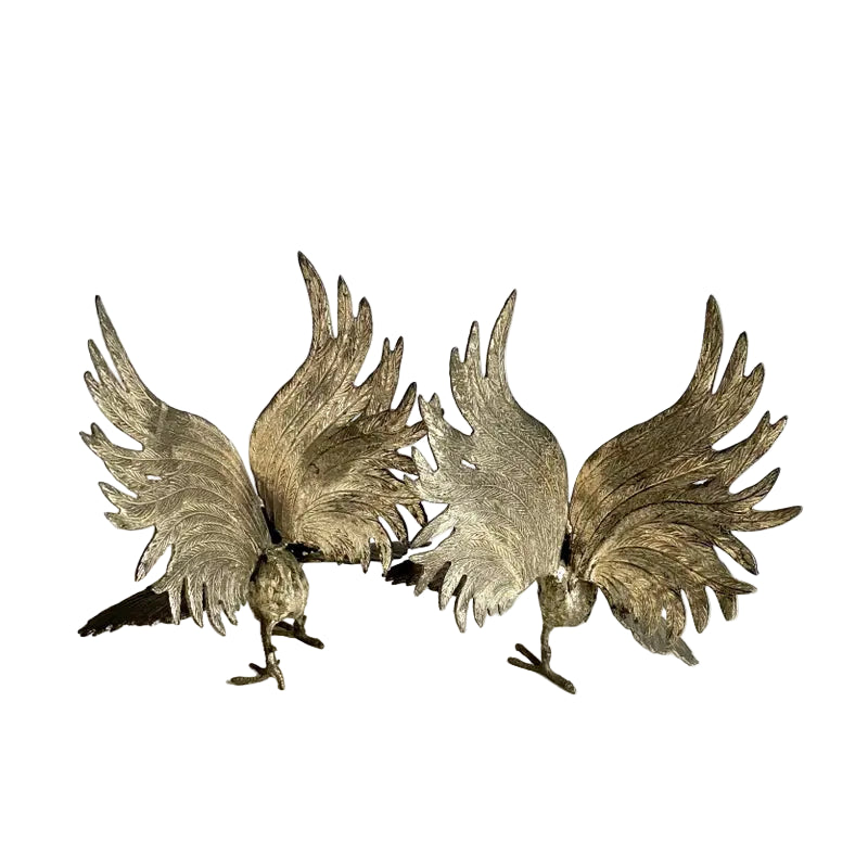 Mid-20th Century Silvered Bronze Fighting Roosters Figurines – a Pair
