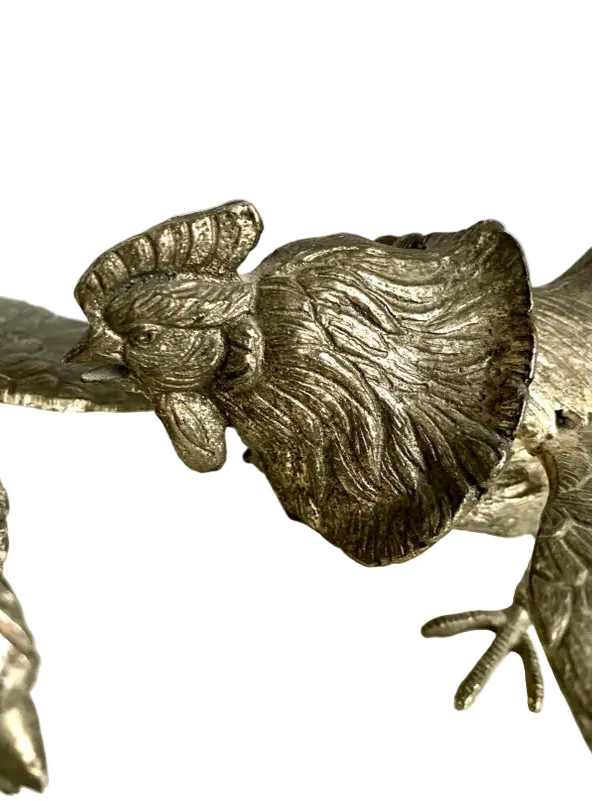 Mid-20th Century Silvered Bronze Fighting Roosters Figurines – a Pair