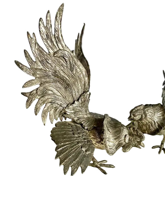 Mid-20th Century Silvered Bronze Fighting Roosters Figurines – a Pair