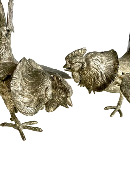 Mid-20th Century Silvered Bronze Fighting Roosters Figurines – a Pair