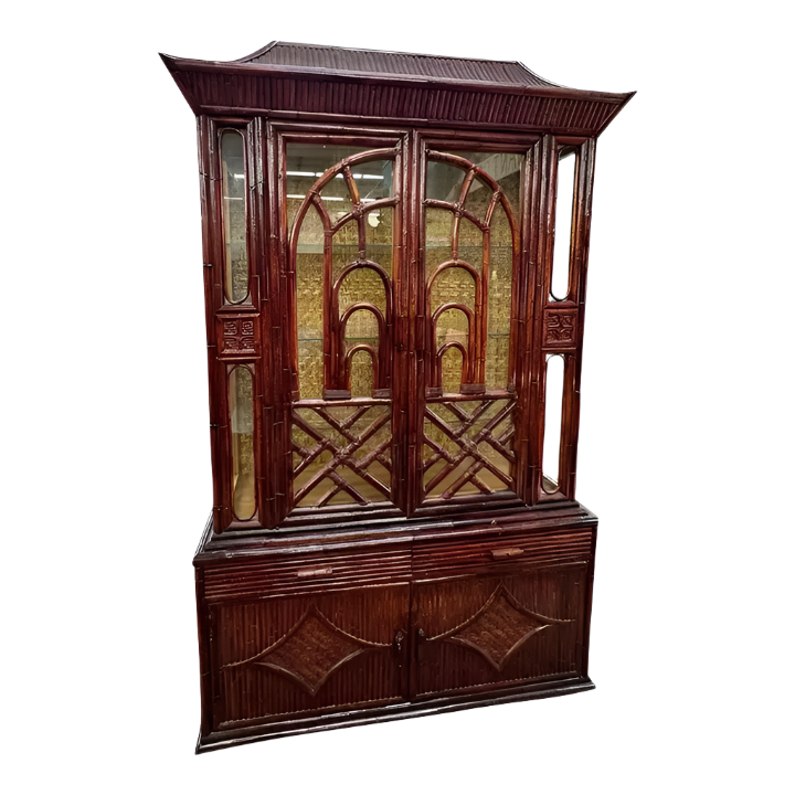 Mid-Century Asian-Inspired Bamboo Pagoda Hutch Cabinet