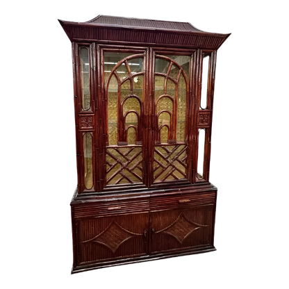 Mid-Century Asian-Inspired Bamboo Pagoda Hutch Cabinet