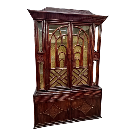Mid-Century Asian-Inspired Bamboo Pagoda Hutch Cabinet