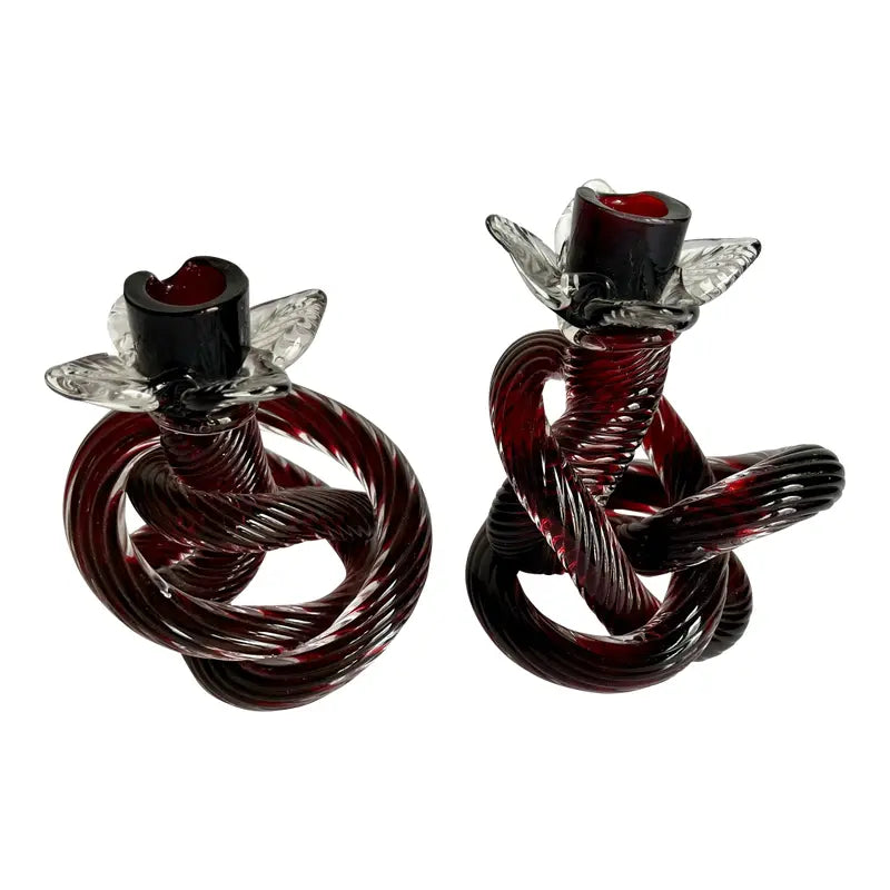 Mid-Century Hand Blown Glass Knot Candle Holders – a Pair