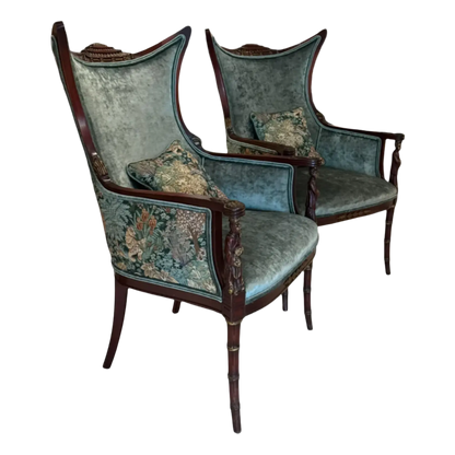 Paire Vintage Carved Wood Asian High Back Wing Chairs — Newly Reupholstered