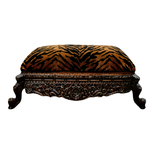 Late 19th Century Anglo-Indian Carved Ottoman with Tiger Velvet Upholstery
