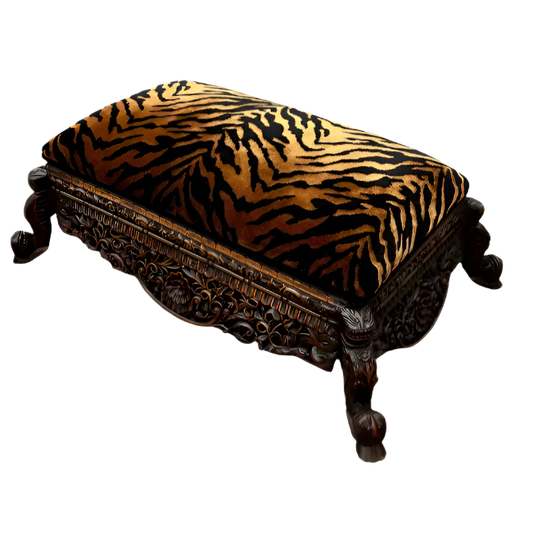 Late 19th Century Anglo-Indian Carved Ottoman with Tiger Velvet Upholstery